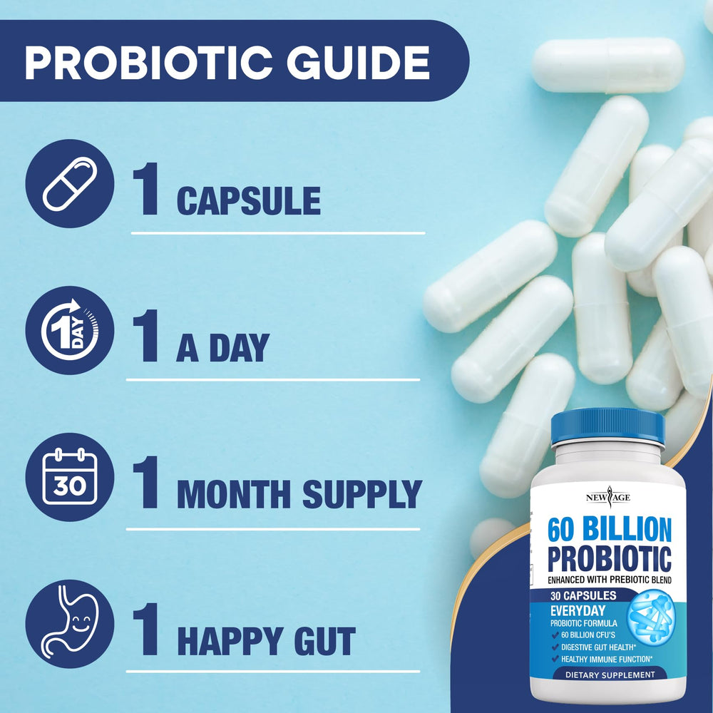 New Age Probiotics bottle promoting gut health for all ages.