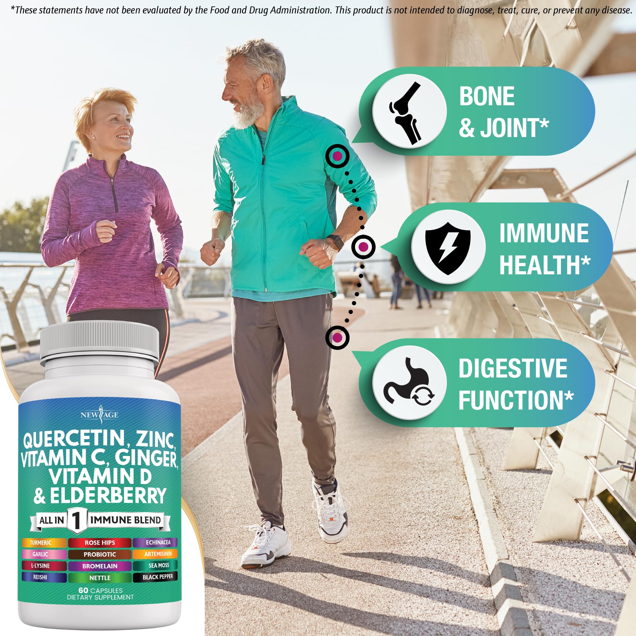 New Age Quercetin Zinc Vitamin C capsules close-up highlighting fast-absorption formula.
