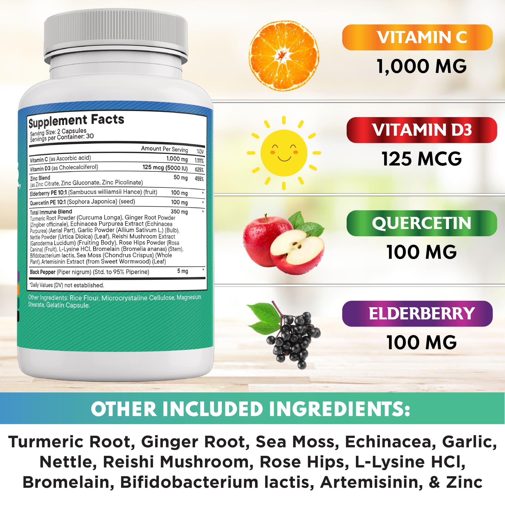 New Age Quercetin Zinc Vitamin D bottle emphasizing absorption with black pepper extract.