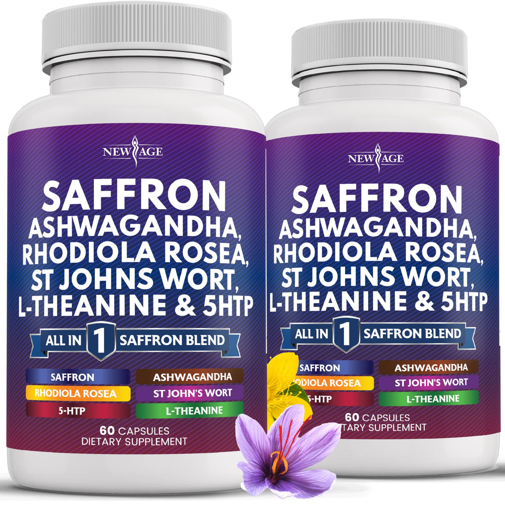 NEW AGE saffron-ashwagandha bottle highlighting mood support for daily balance.