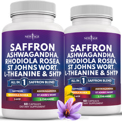NEW AGE saffron-ashwagandha bottle highlighting mood support for daily balance.