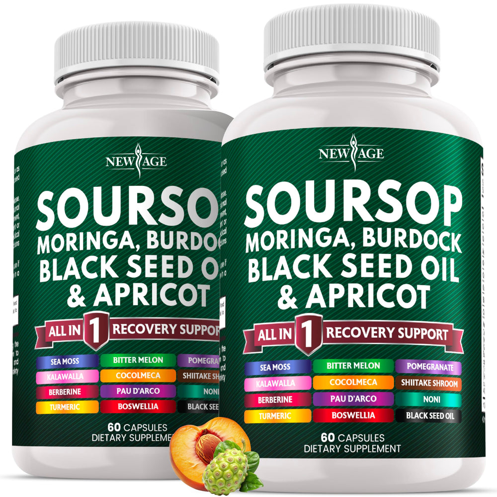 NEW AGE Soursop Supplement bottle front showing an all-in-one wellness blend.