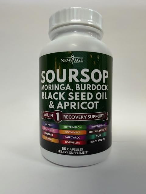 New Age Soursop Supplement ingredients blend with key botanicals and capsules.