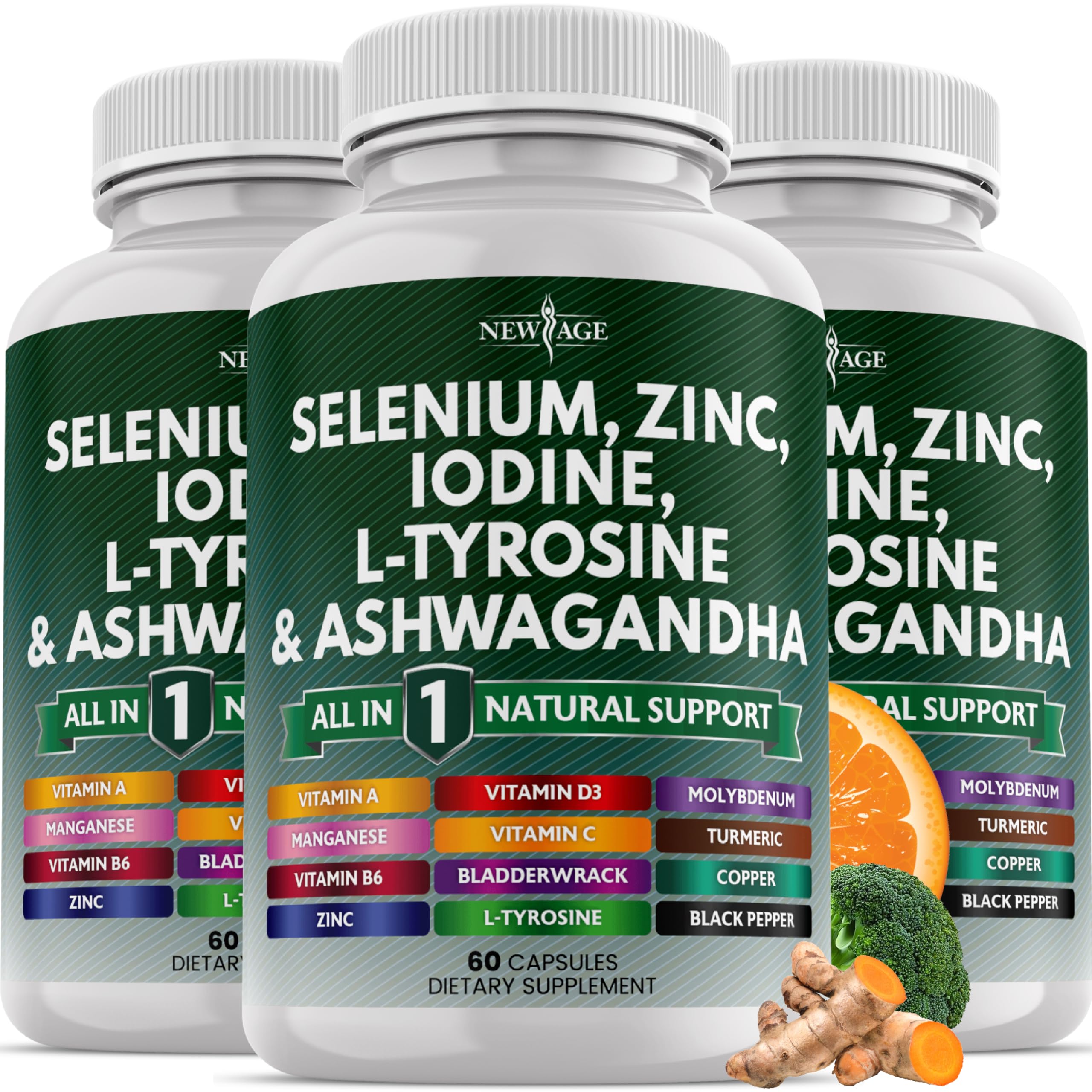 NEW AGE thyroid-support bottle with capsules for daily wellness.