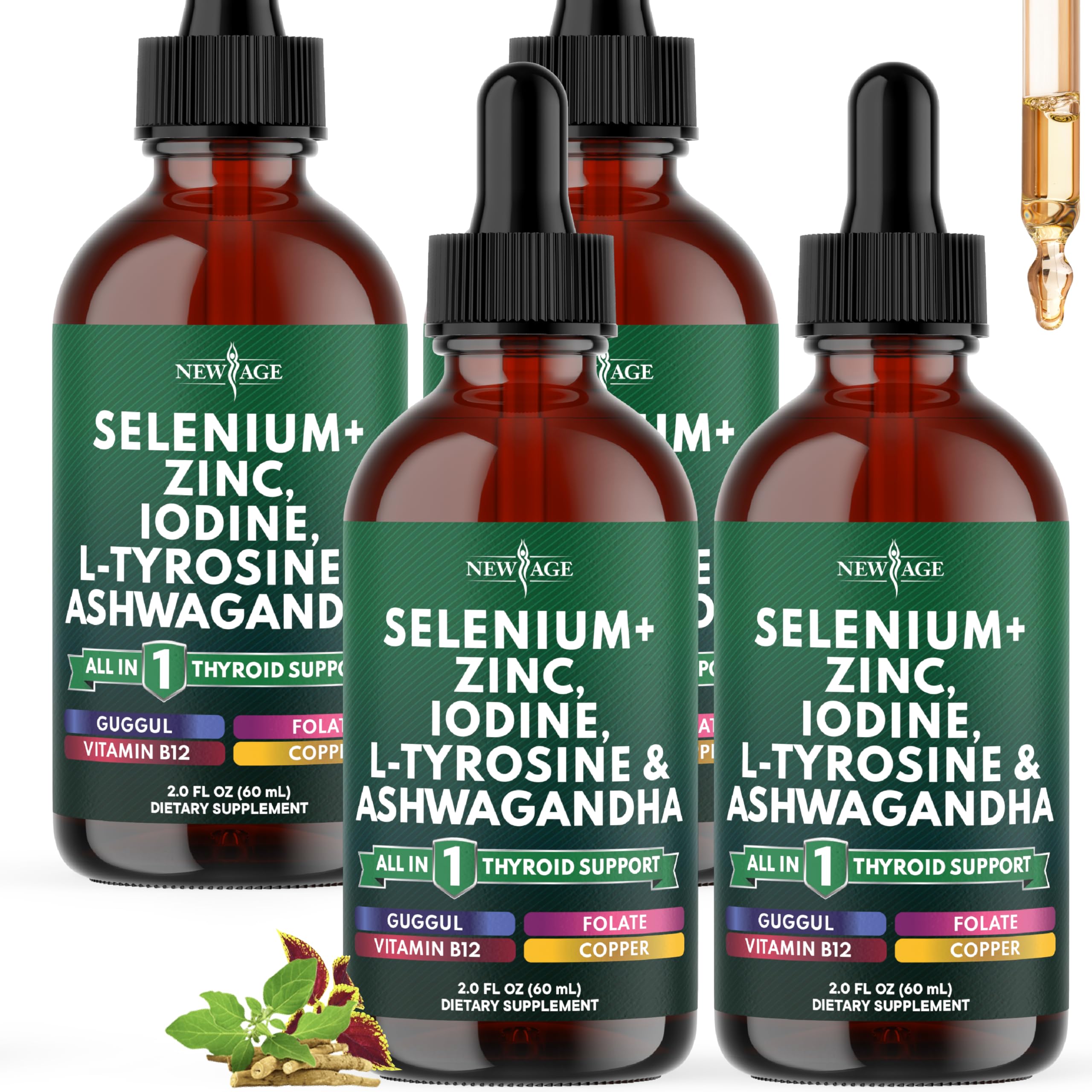 NEW AGE Thyroid Support Drops bottle with dropper highlights antioxidant nourishment