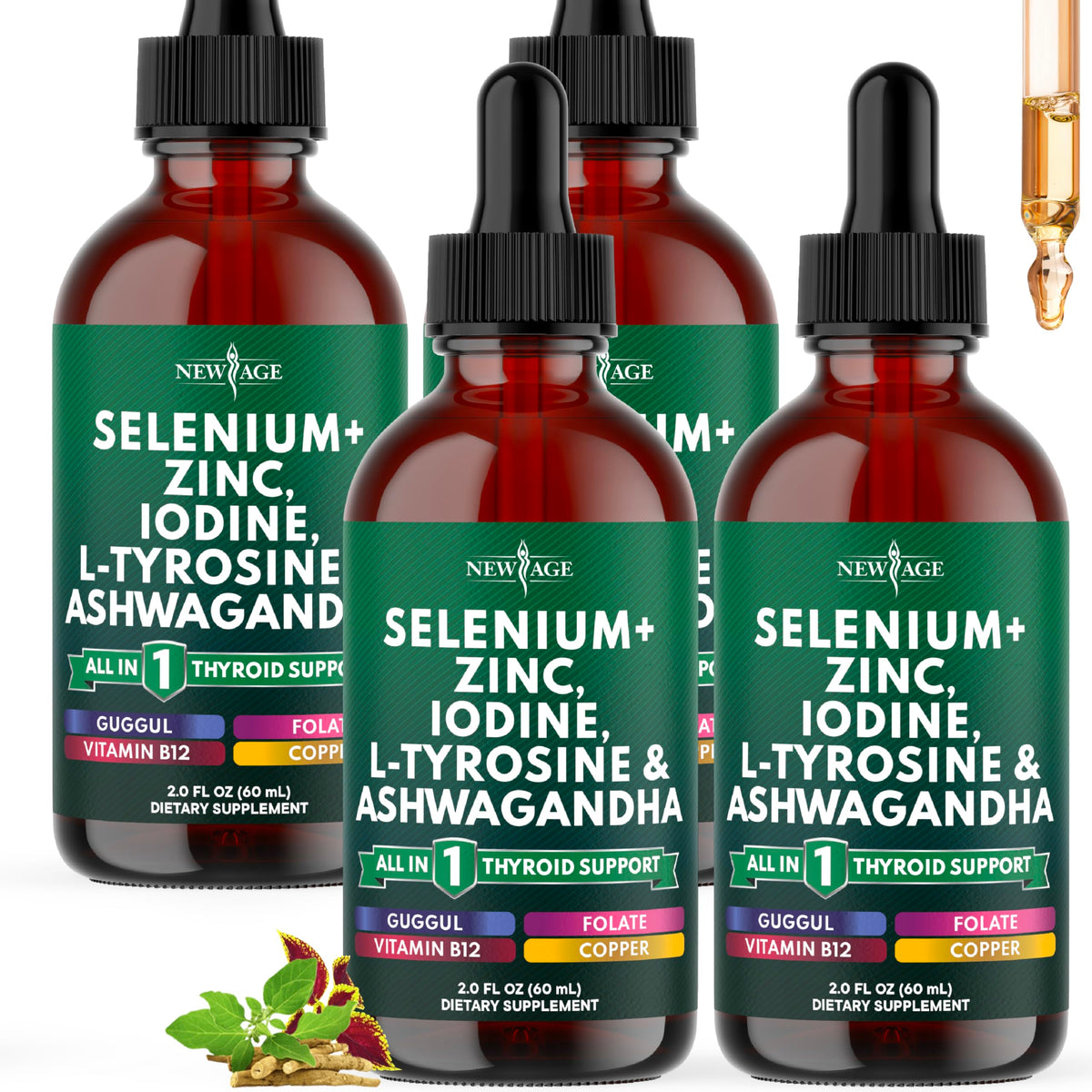 NEW AGE Thyroid Support Drops bottle with dropper highlights antioxidant nourishment