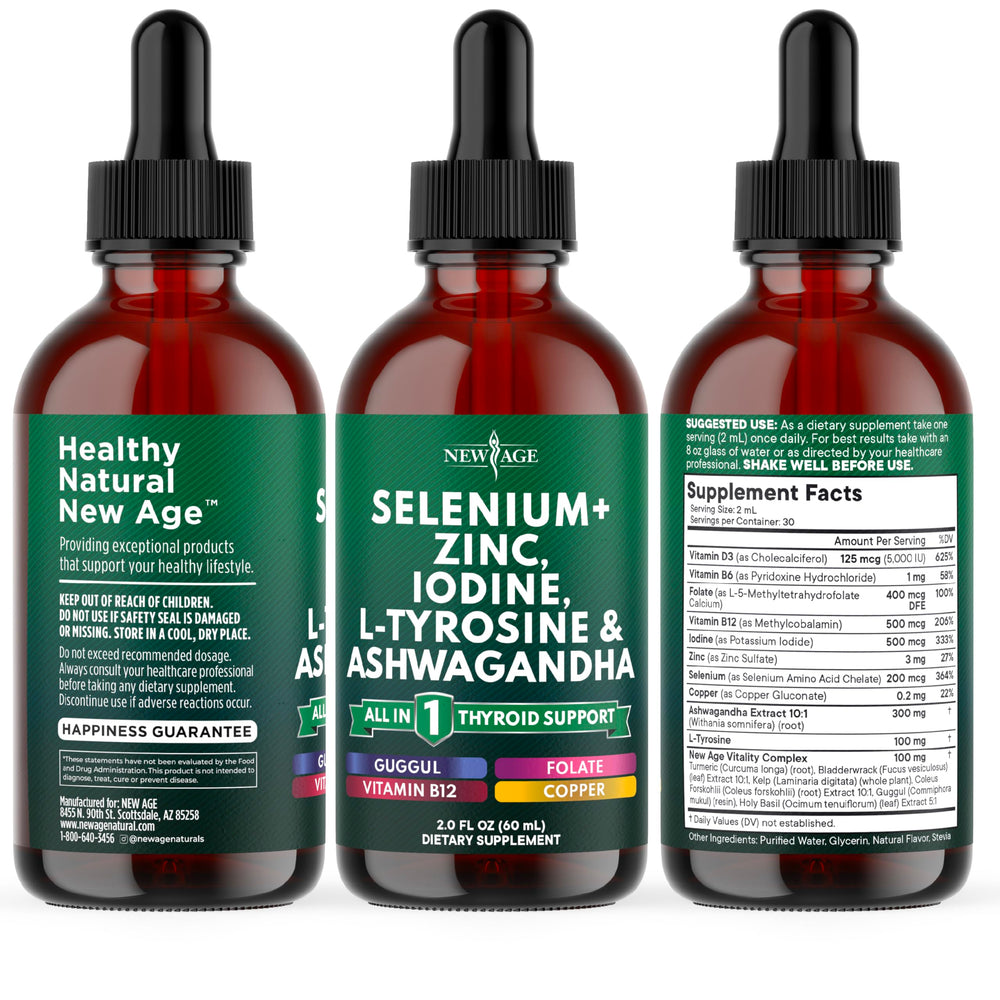 NEW AGE Thyroid Support Drops bottle shown in kitchen setting for daily wellness