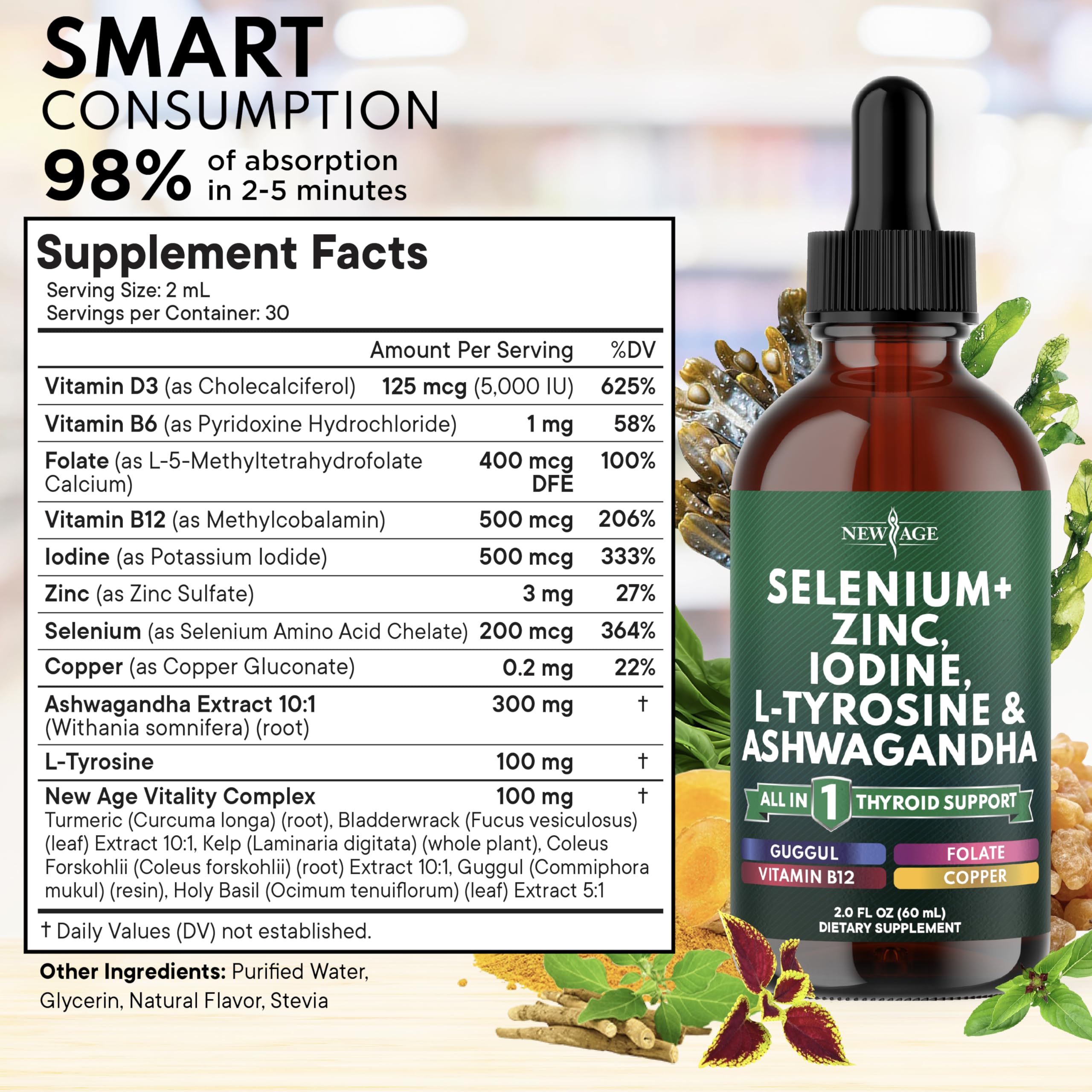 NEW AGE Thyroid Support Drops packaging displays vegan, non-GMO and gluten-free branding