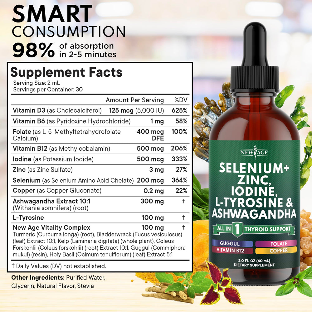 NEW AGE Thyroid Support Drops packaging displays vegan, non-GMO and gluten-free branding