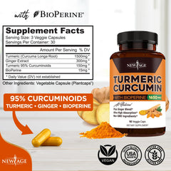 NEW AGE Turmeric Curcumin Capsules bottle side info non-GMO gluten-free formulation