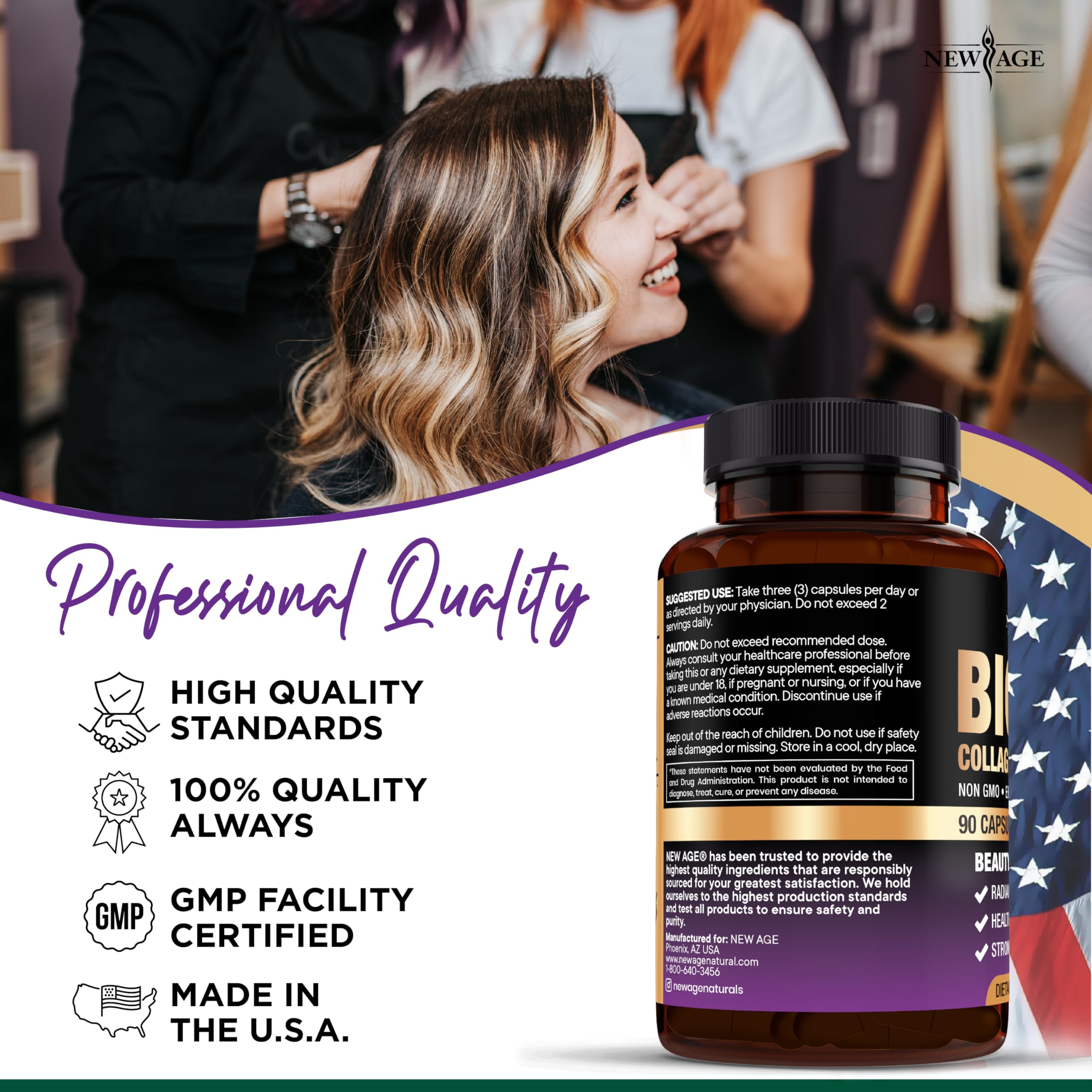 New Age packaging on shelf highlights quality and US manufacturing.