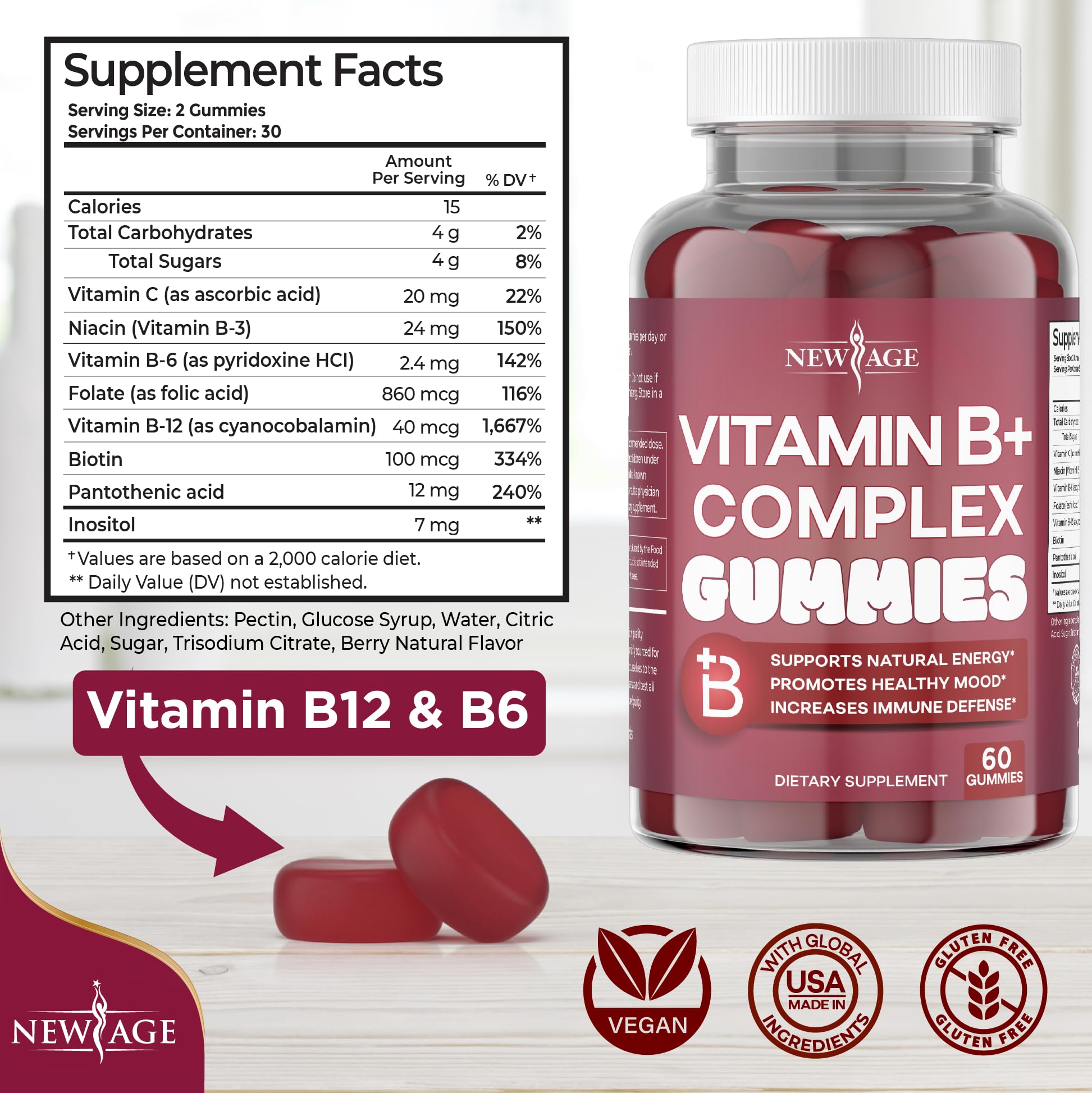 NEW AGE Vitamin B Complex gummies closeup shows berry flavor and easy chewable daily use.
