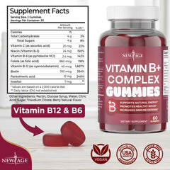 NEW AGE Vitamin B Complex gummies closeup shows berry flavor and easy chewable daily use.