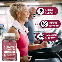 NEW AGE Vitamin B Complex gummies on white surface emphasize soft texture and ingestible form.