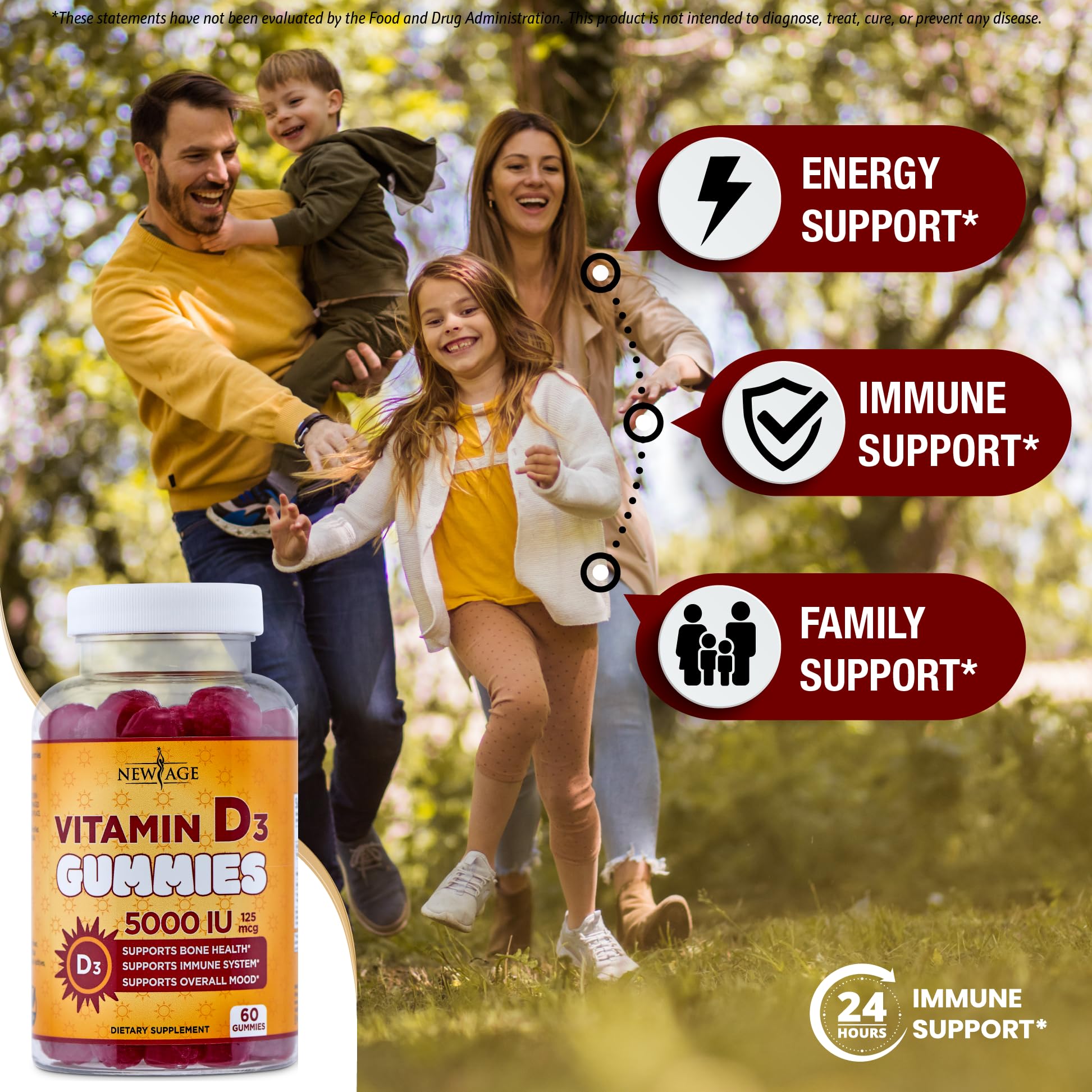 NEW AGE Vitamin D3 gummies label notes non-GMO and allergen-free ingredients