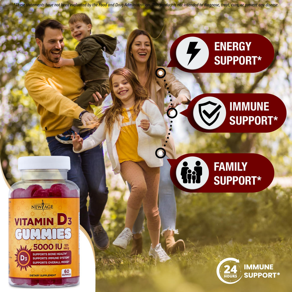 New Age Vitamin D3 5000 IU label shows non-GMO and allergen-free