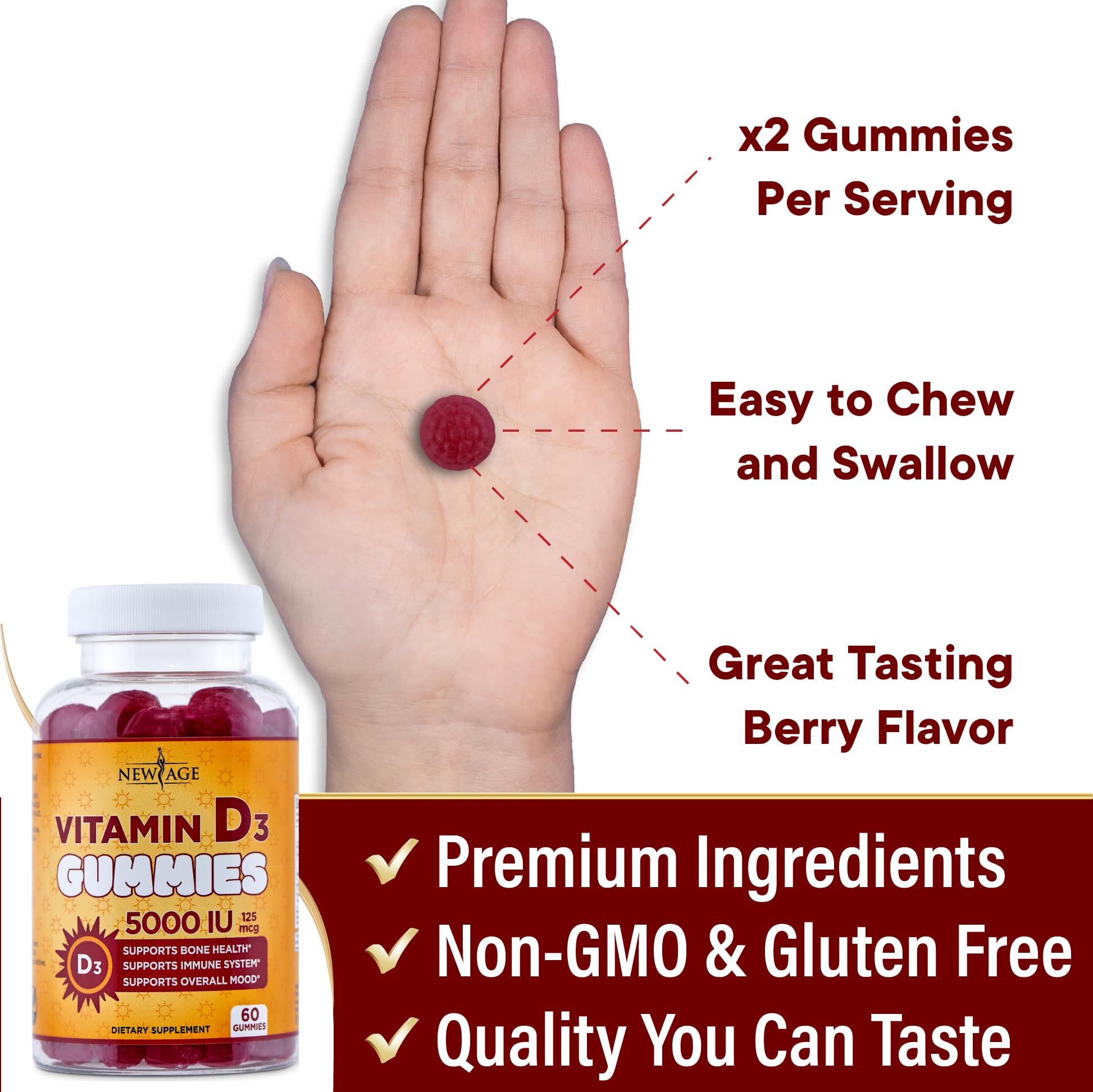 NEW AGE Vitamin D3 gummies gluten-free and dairy-free formula for dietary flexibility