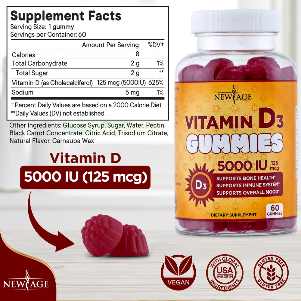 New Age Vitamin D3 gummies jar highlights natural fruit flavors for daily use
