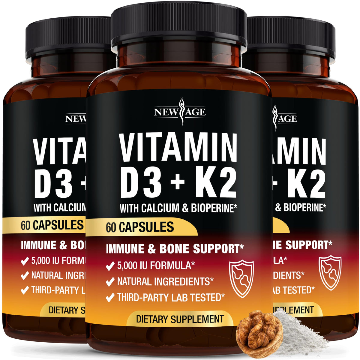 NEW AGE Vitamin D3 + K2 bottle front signals bone and immune support.