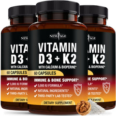 NEW AGE Vitamin D3 + K2 bottle front signals bone and immune support.