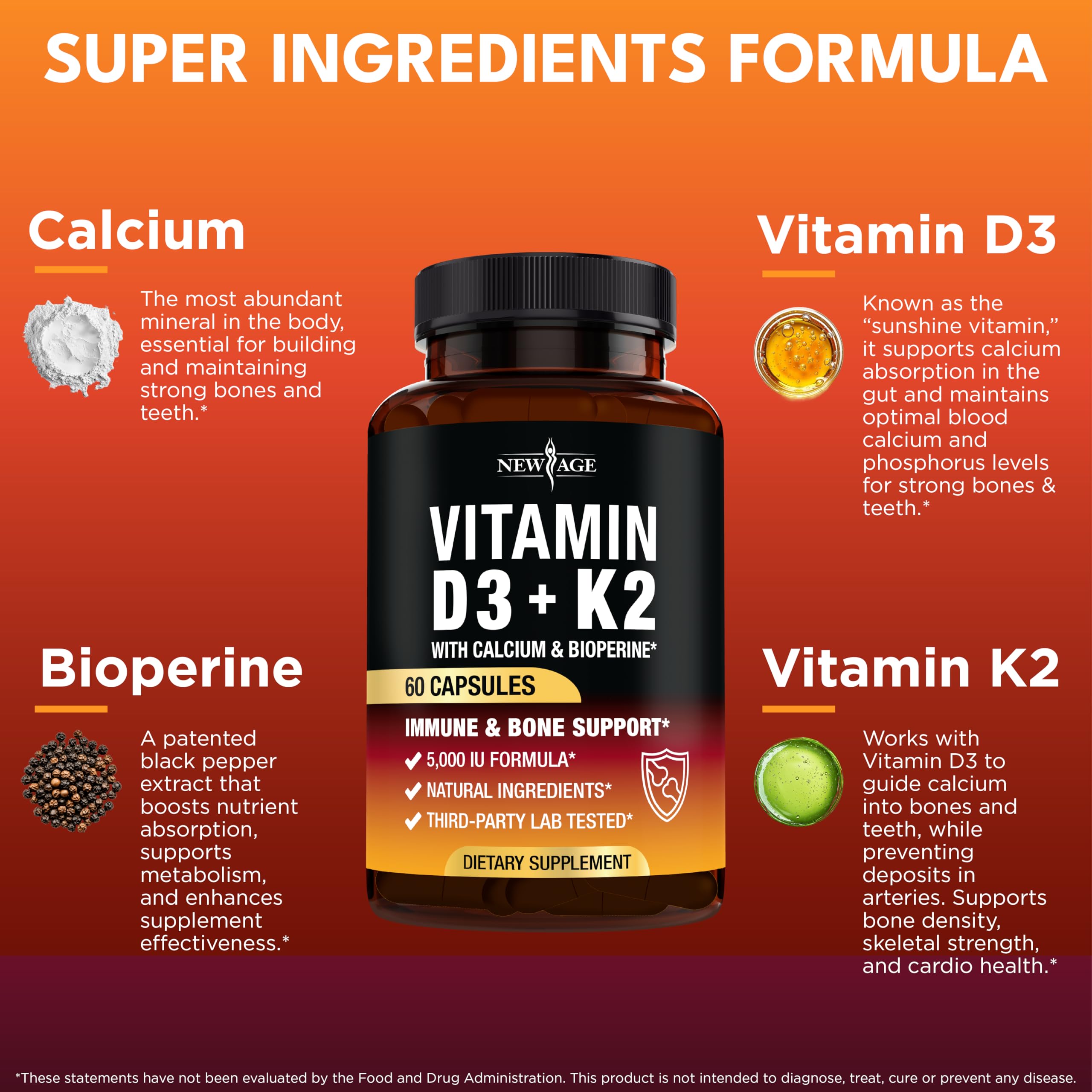 NEW AGE Vitamin D3 + K2 capsules close-up highlights easy-to-swallow softgels.