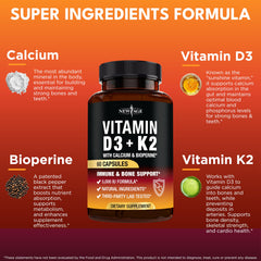 NEW AGE Vitamin D3 + K2 capsules close-up highlights easy-to-swallow softgels.