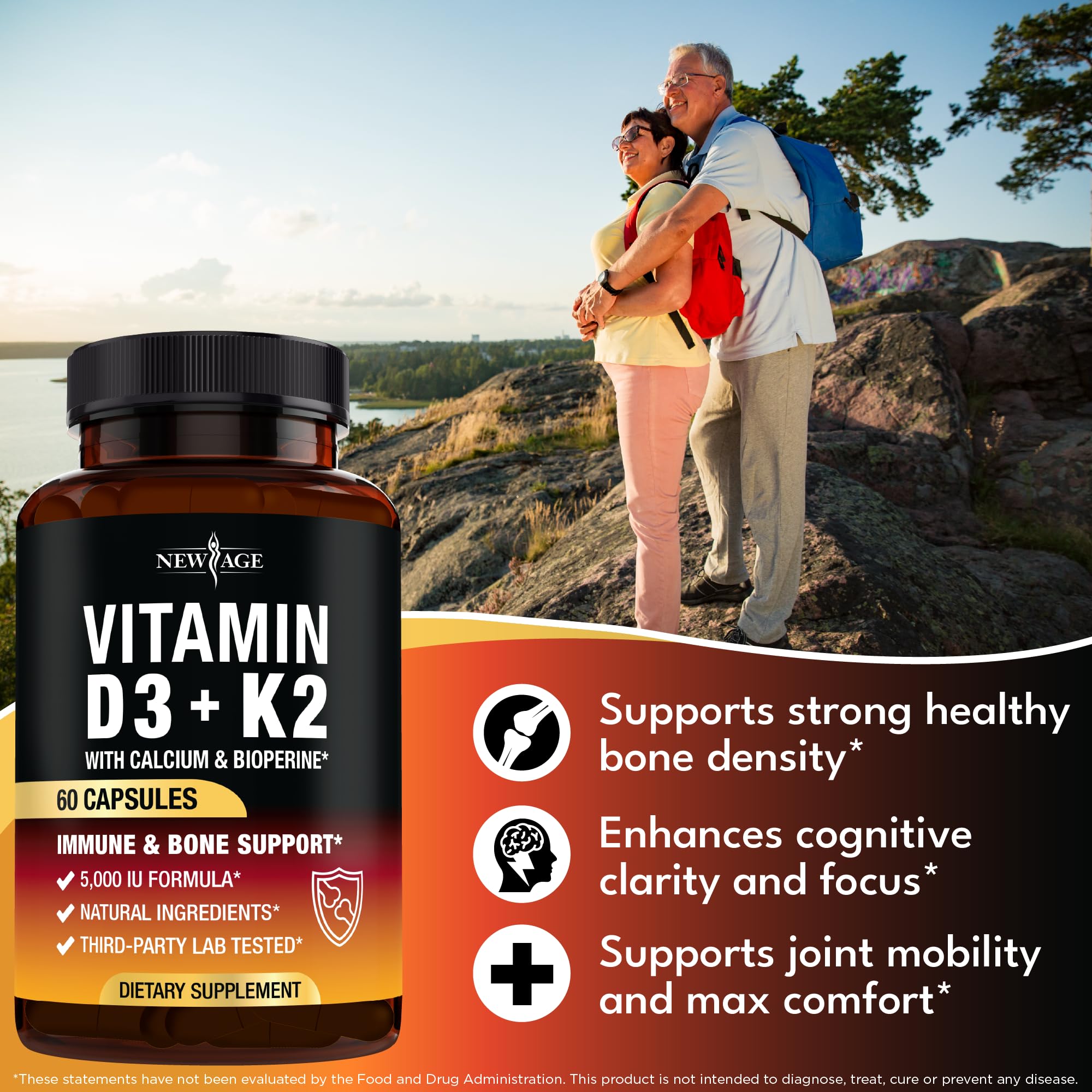 NEW AGE Vitamin D3 + K2 label detail shows vegan and natural source information.