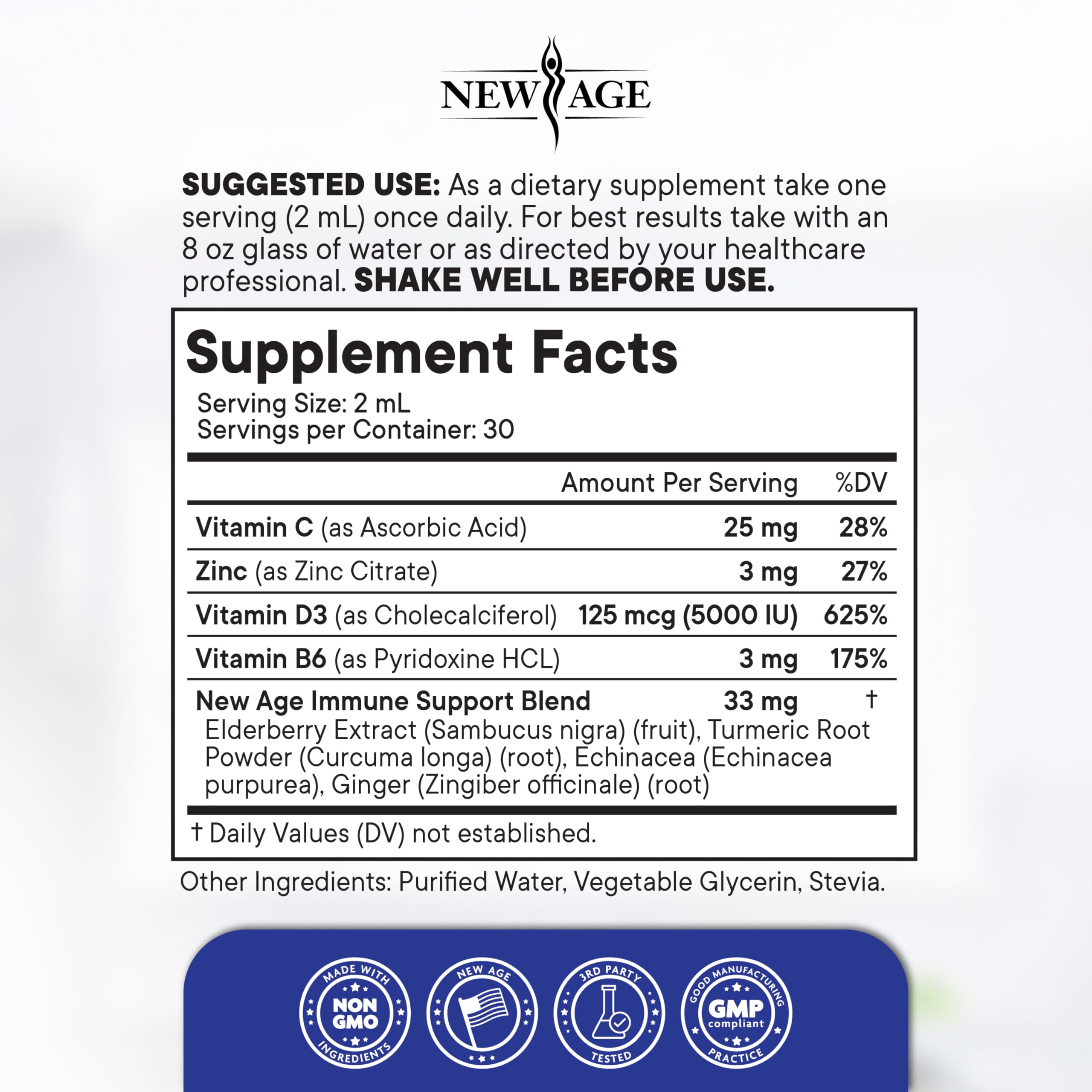 NEW AGE vitamins C D3 zinc B6 drops support energy and immunity.