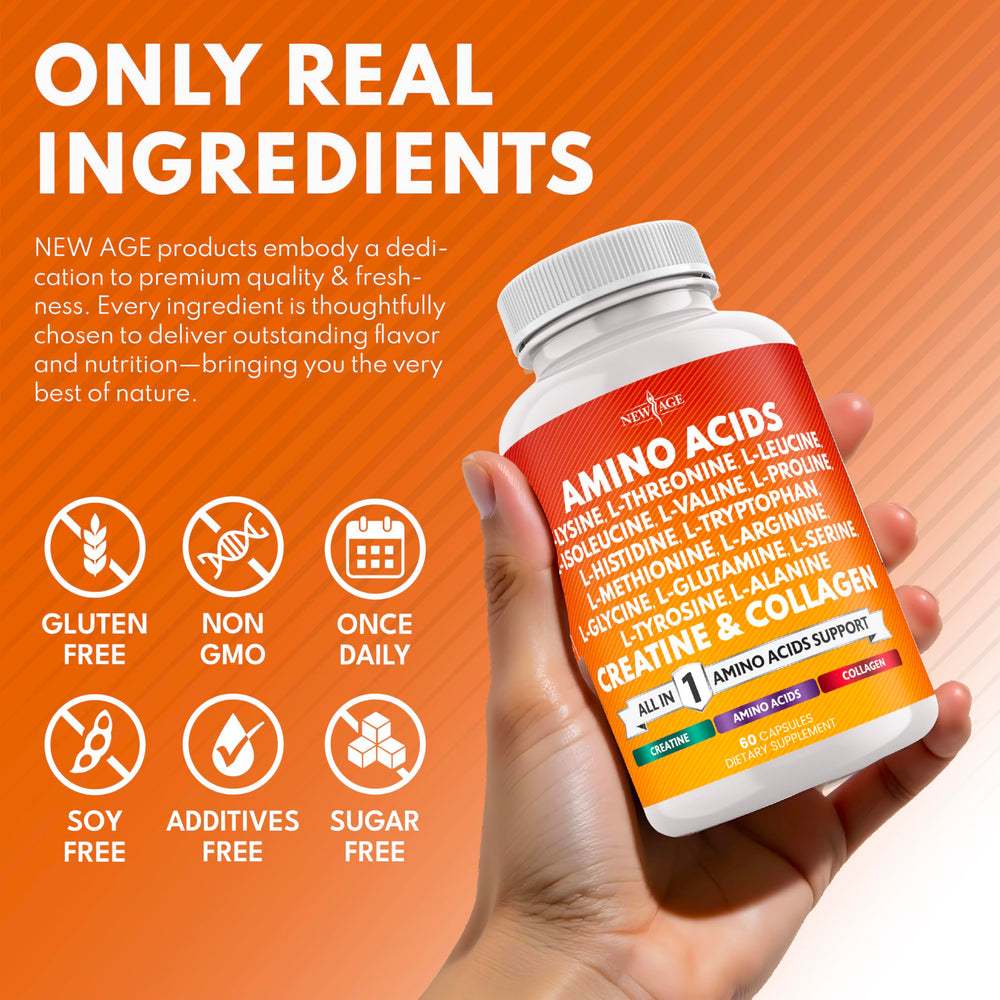 NEW AGE wellness capsules arranged on a tray for daily routine.