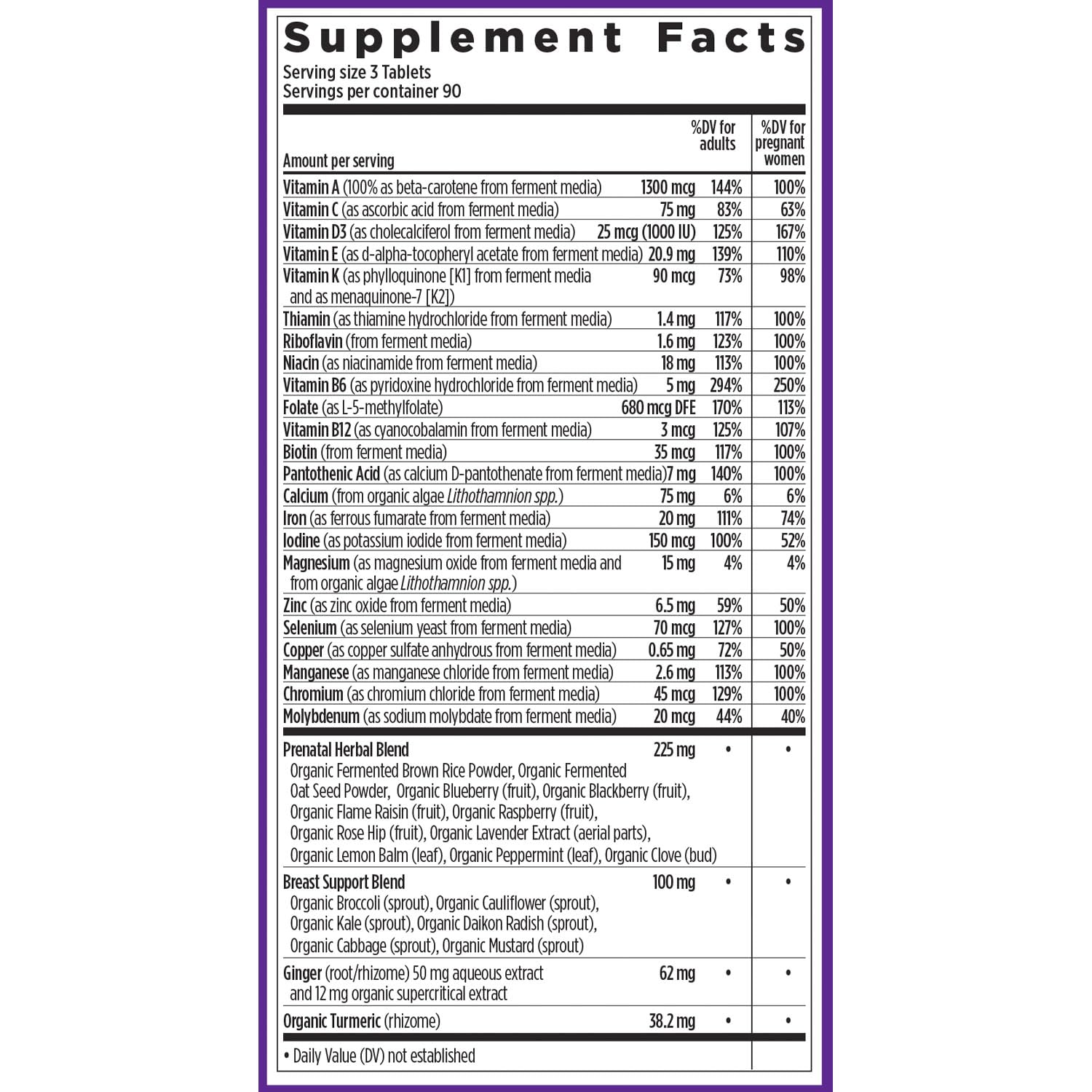New Chapter Advanced Prenatal daily dosage concept shot showing three tablets per day.