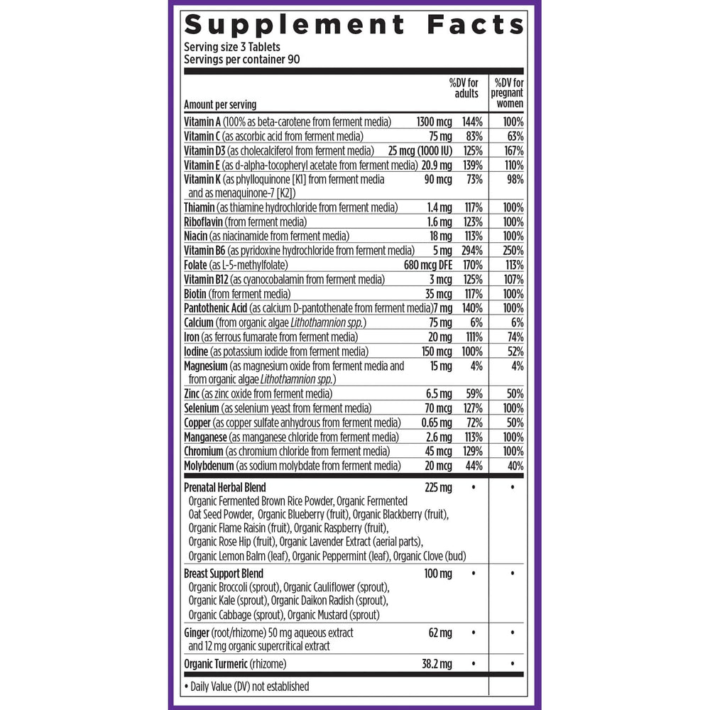 New Chapter Advanced Prenatal daily dosage concept shot showing three tablets per day.