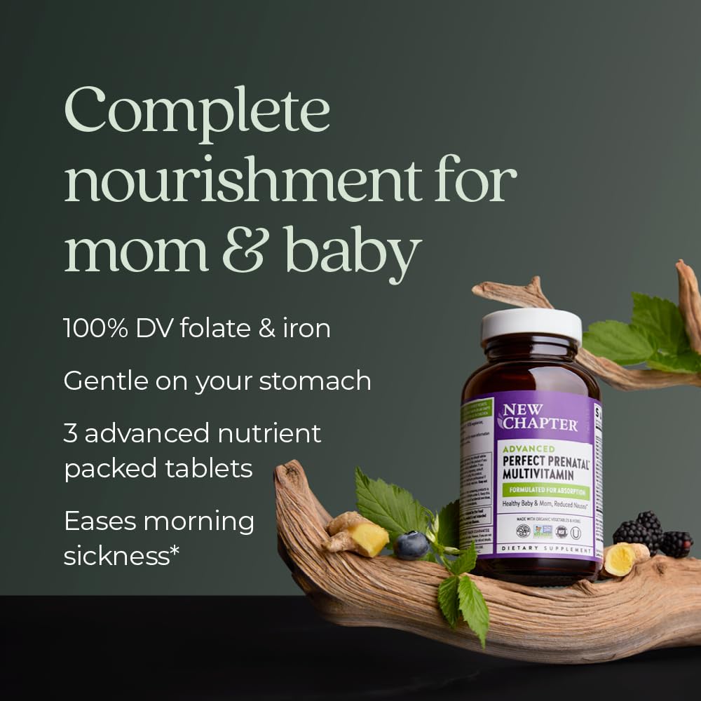 New Chapter Advanced Prenatal organic ingredients visual emphasizing certified organic vegetables and herbs.