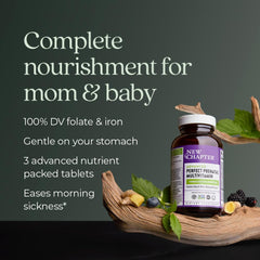 New Chapter Advanced Prenatal organic ingredients visual emphasizing certified organic vegetables and herbs.