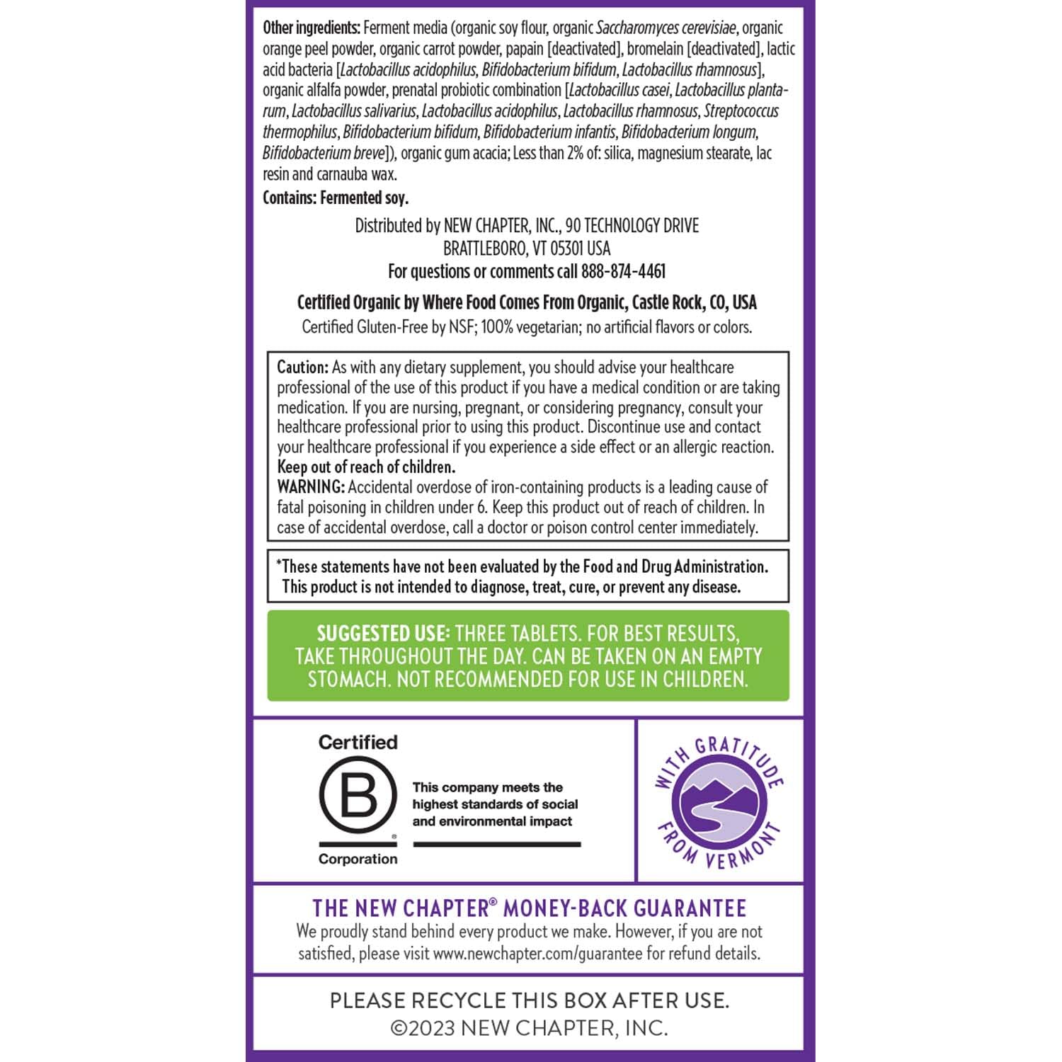 New Chapter Advanced Prenatal organic vegetables and herbs label with certifications.