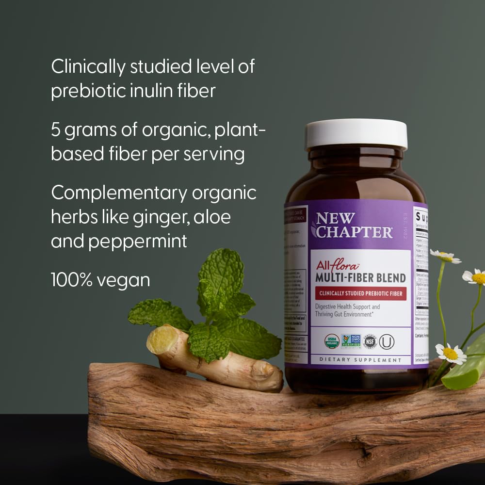 New Chapter All-Flora psyllium husk detail highlights fiber content for digestion.