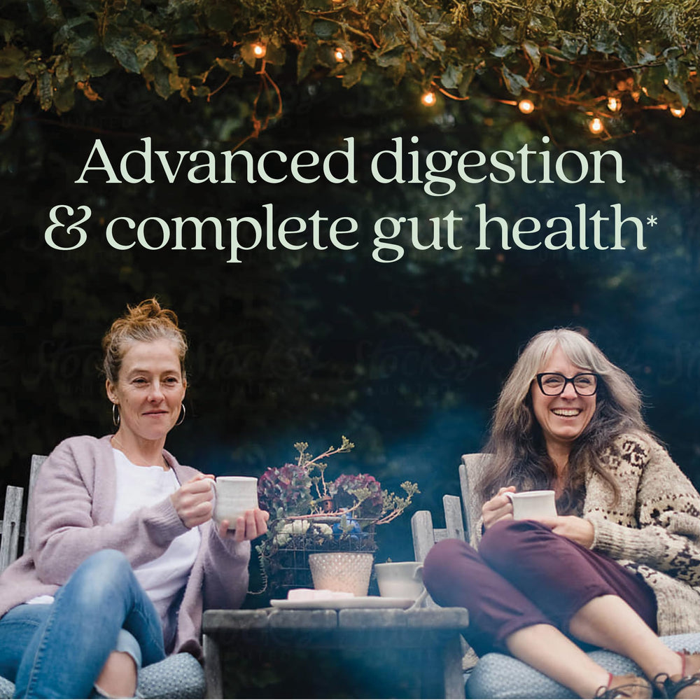 New Chapter All-Flora Probiotic bottle pour suggesting easy daily use for GI comfort.