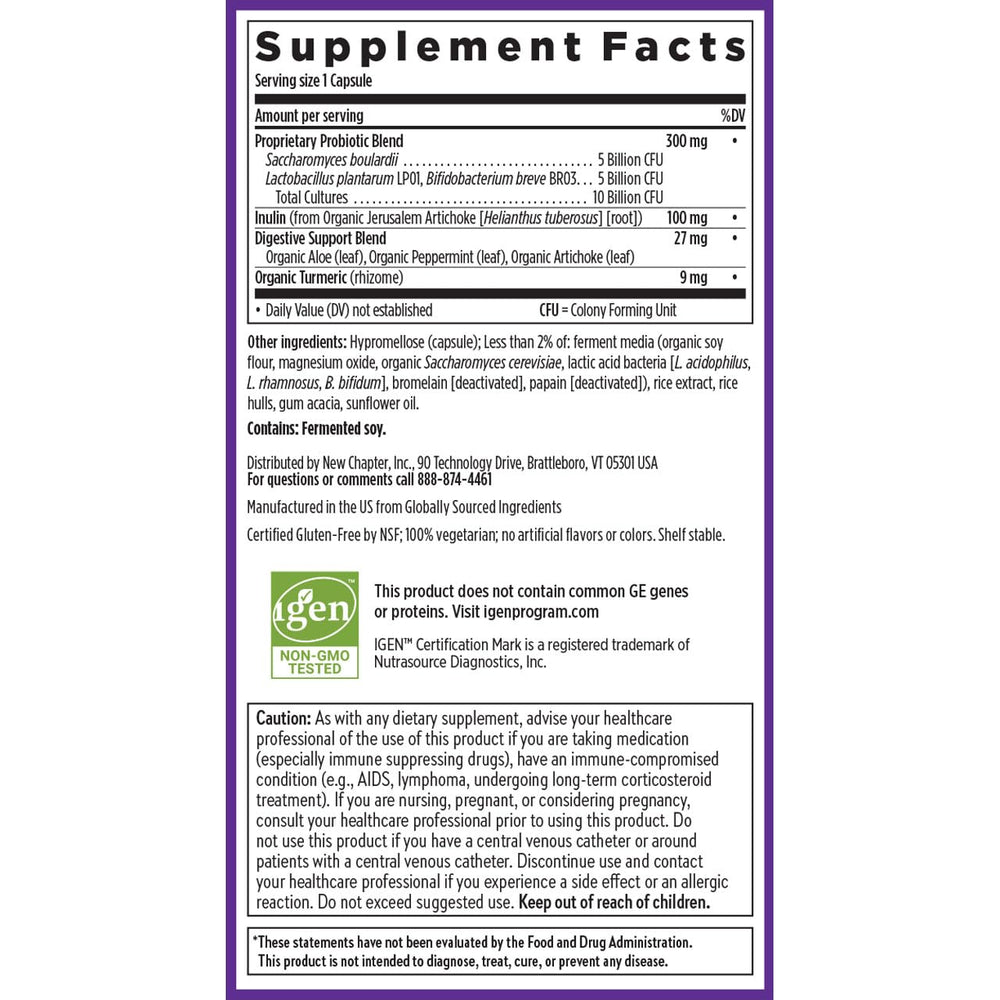 New Chapter All-Flora Probiotic ingredients prebiotics and postbiotics visual emphasis.