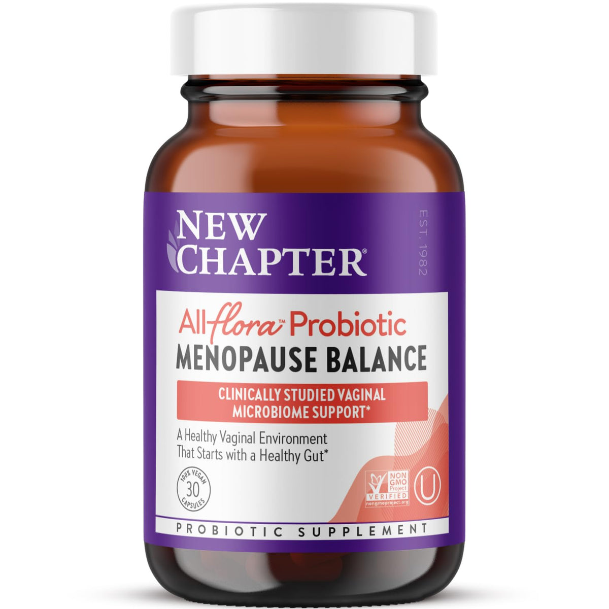 New Chapter All-Flora Probiotic Menopause Balance bottle on shelf supports gut and vaginal health