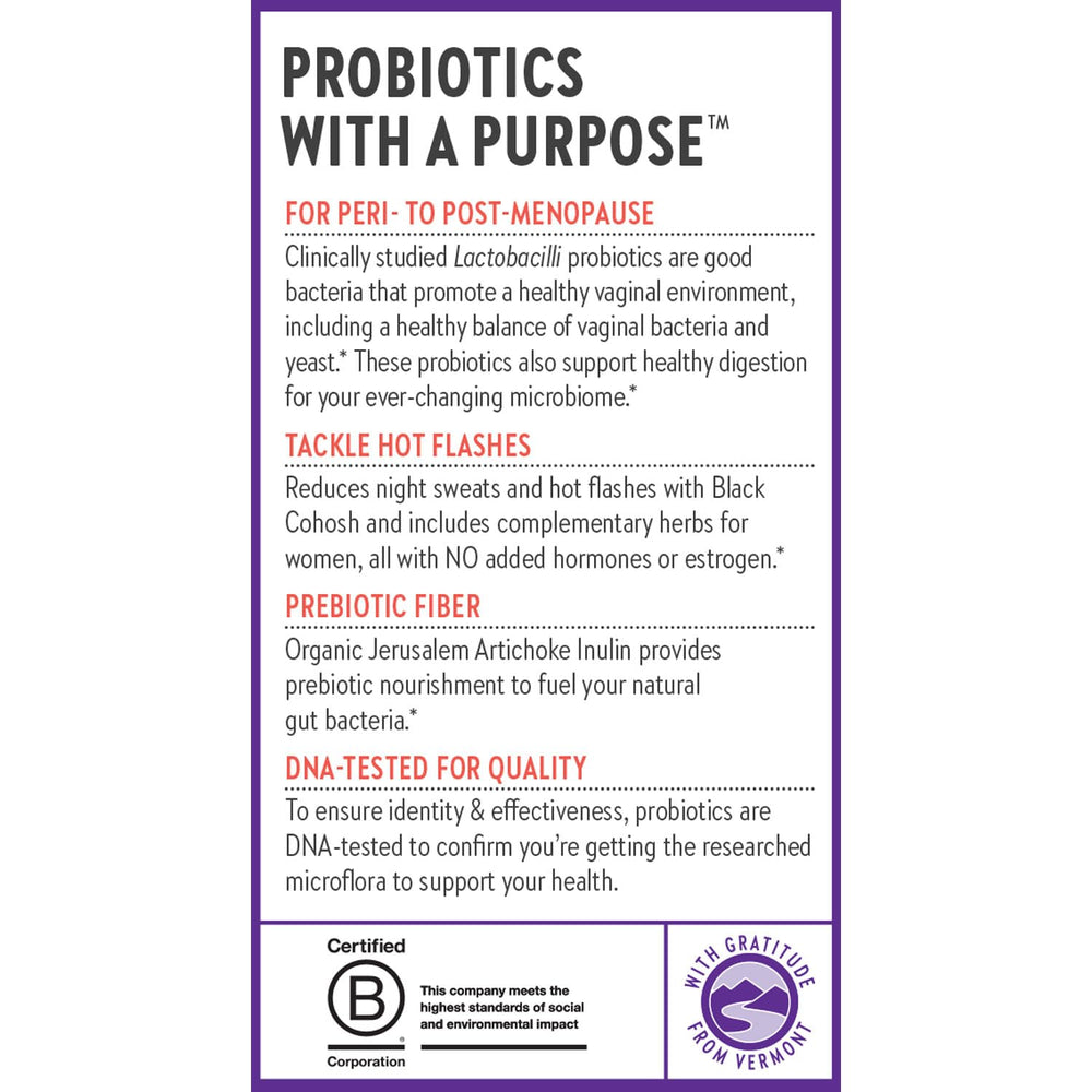 Bottle of New Chapter All-Flora Probiotic Menopause Balance beside a glass of water for daily use