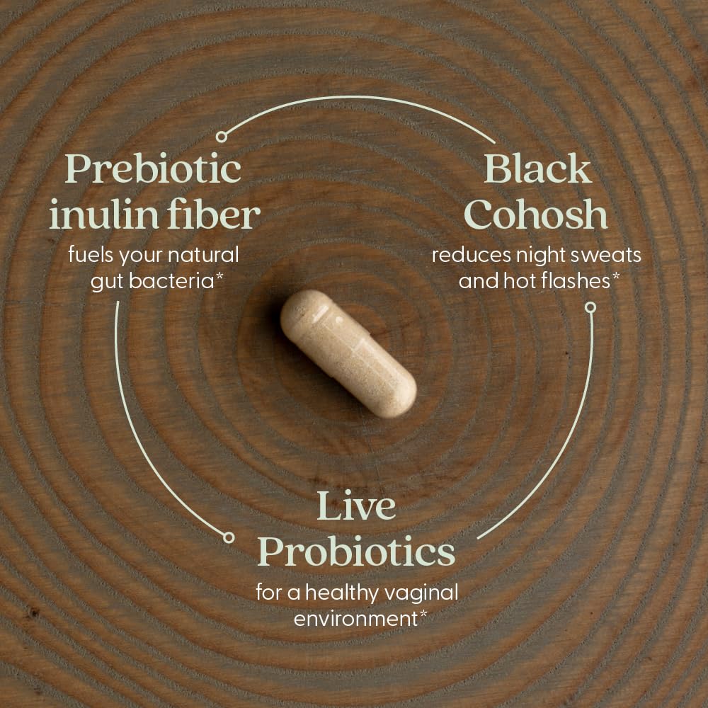 Label of New Chapter All-Flora Probiotic Menopause Balance showing vegan and non-GMO features