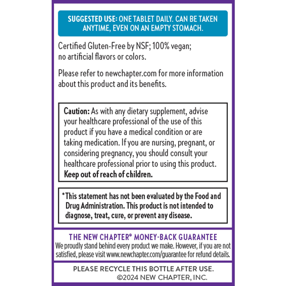New Chapter 60-count packaging emphasizing organic, vegan, and kosher certifications