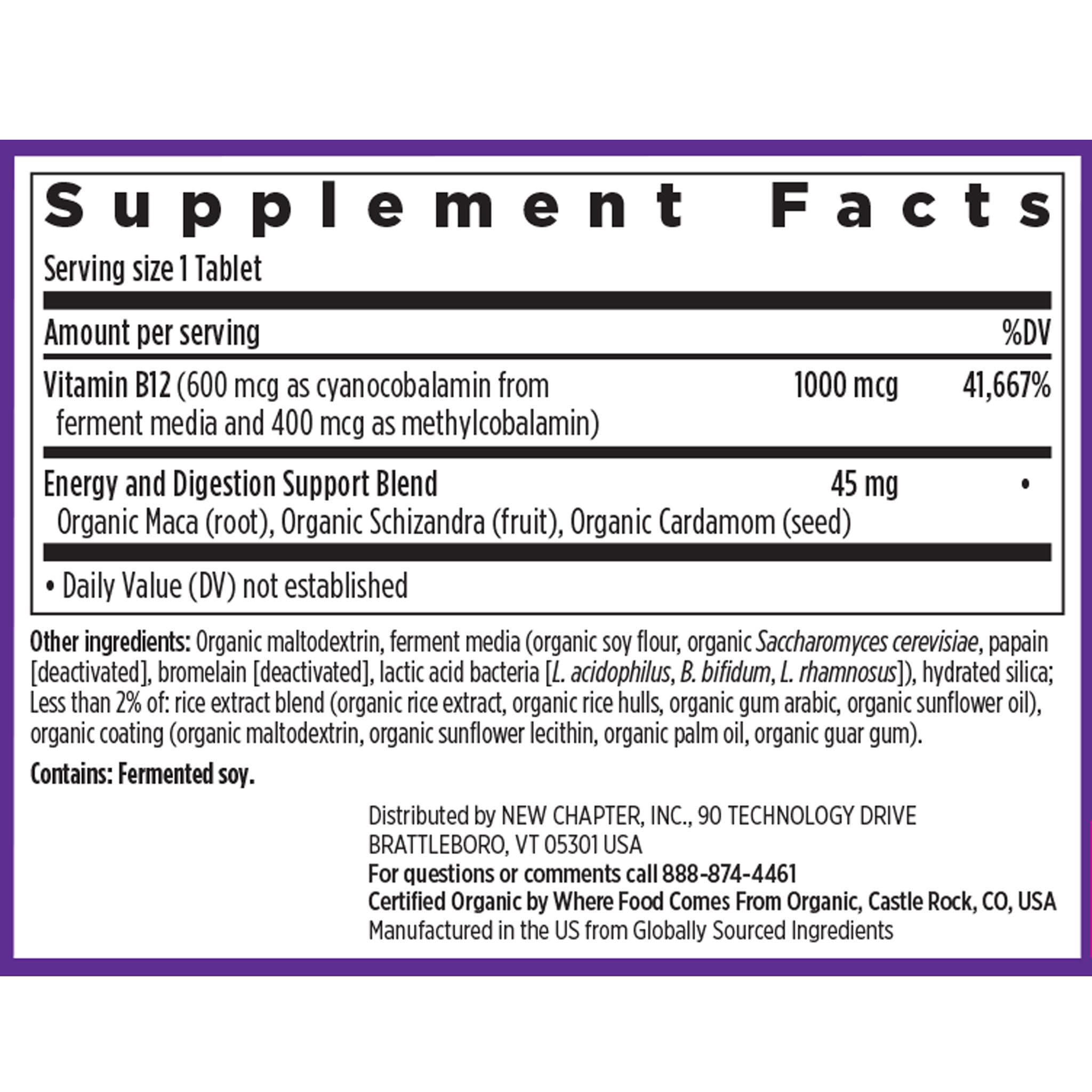 New Chapter Fermented B12 packaging indicating vegan and gluten-free certifications