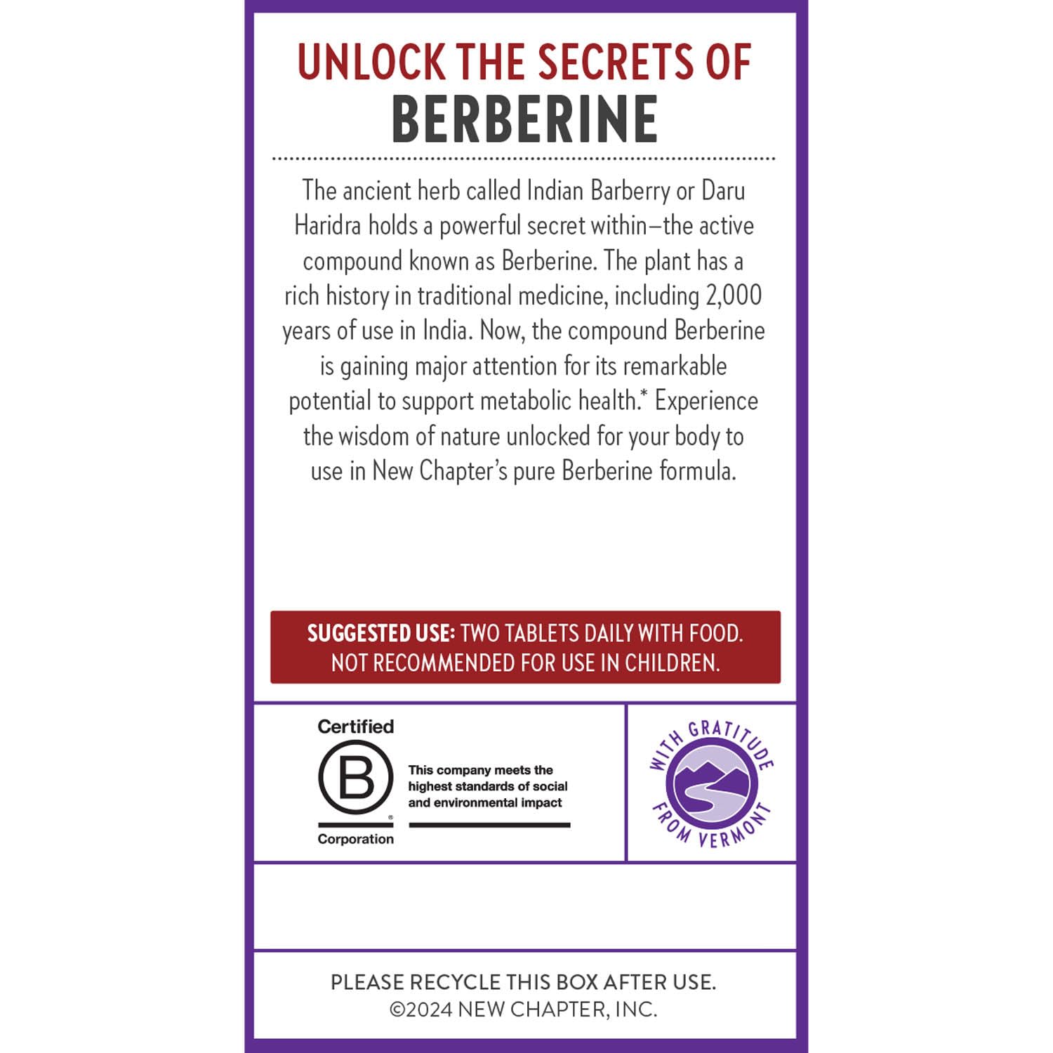 New Chapter Berberine packaging box notes vegan and gluten-free features