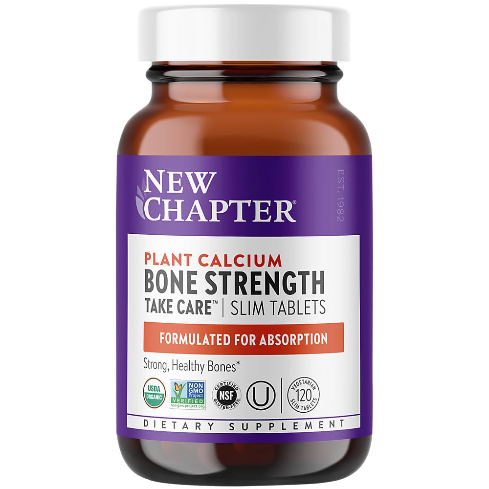 New Chapter calcium supplement bottle closeup showing slow-release tablets for steady absorption