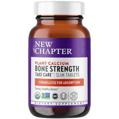 New Chapter calcium supplement bottle closeup showing slow-release tablets for steady absorption