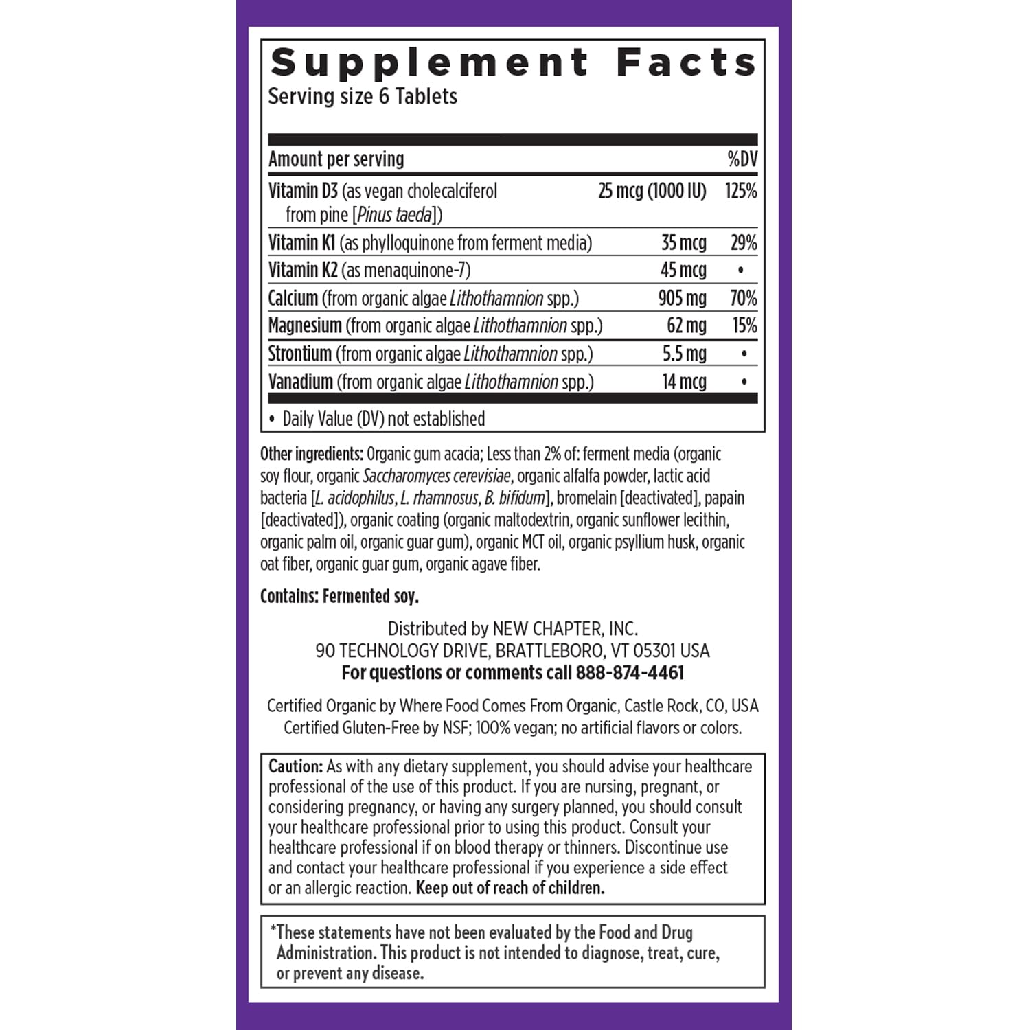 New Chapter Calcium vegan non-GMO kosher gluten-free badge on label