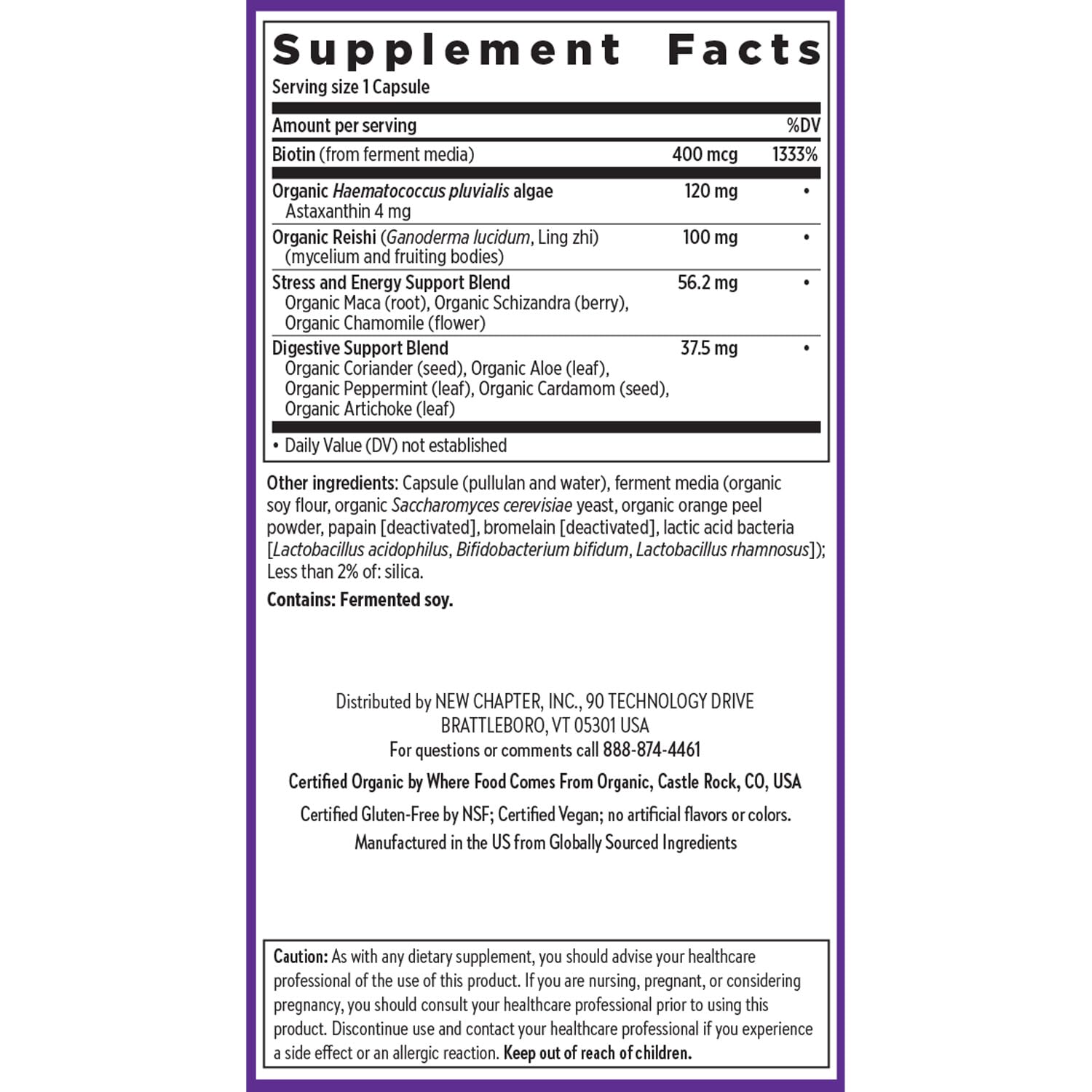 Certification logos show non-GMO and vegan friendly formulation.