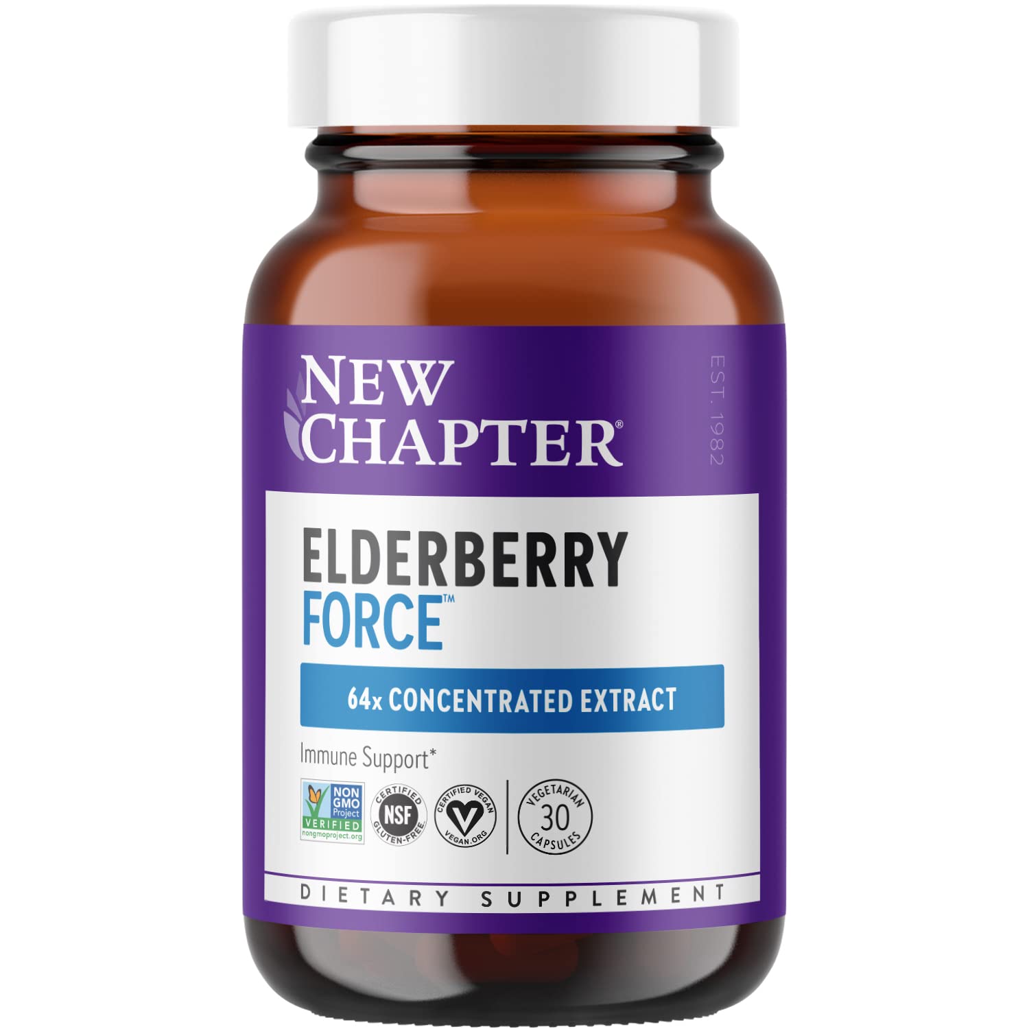 New Chapter Elderberry Force bottle shows 64x concentrated elderberry capsules for daily immune support.