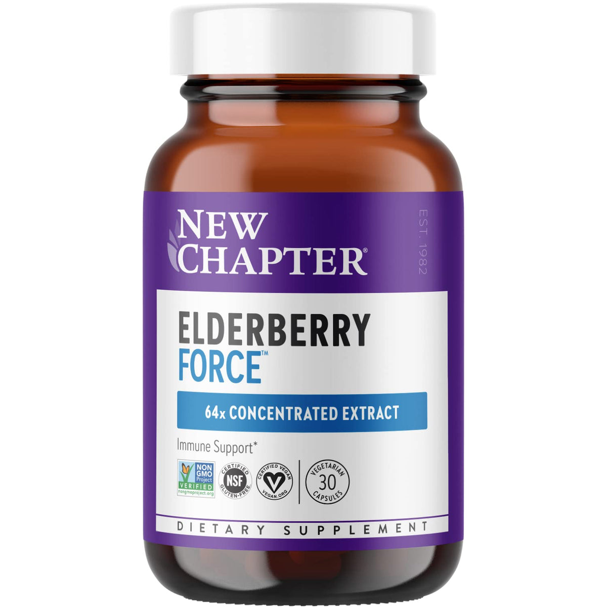 New Chapter Elderberry Force bottle shows 64x concentrated elderberry capsules for daily immune support.