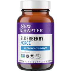 New Chapter Elderberry Force bottle shows 64x concentrated elderberry capsules for daily immune support.